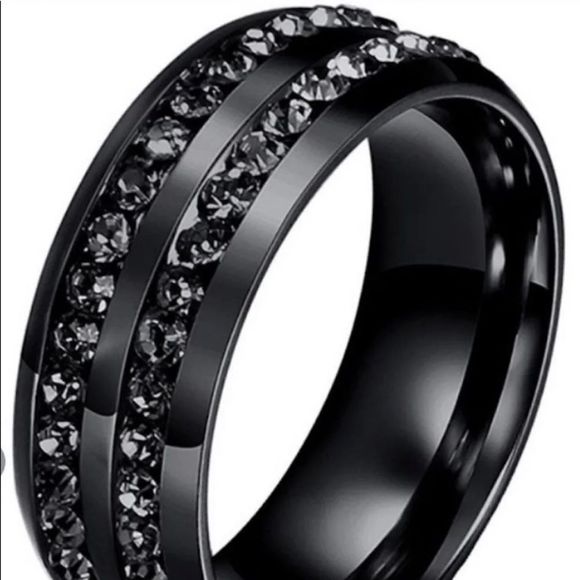 Men's Black Rhodium Over Stainless Steel and Sapphire Wedding Ring 10 - Picture 2 of 7